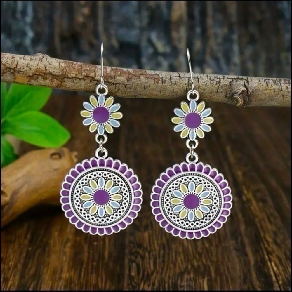 Purple Floral Medallion Earrings